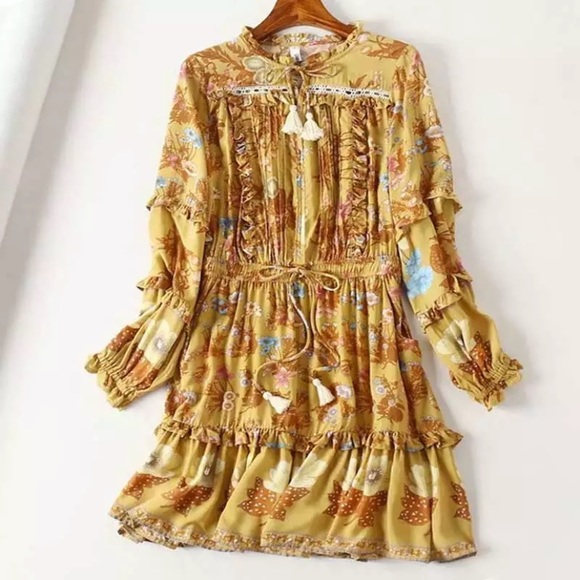 SOLD OUT Golden Floral Ruffle Fall Boho Long Sleeve Dress - Picture 8 of 12